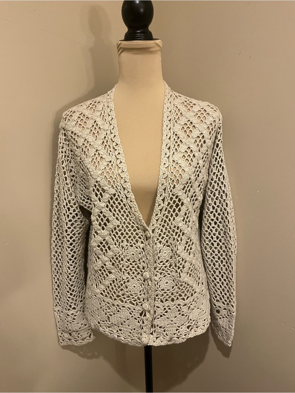 Vintage Boho Fairy Cottagecore Openwork Cream Crochet Cardigan, Large